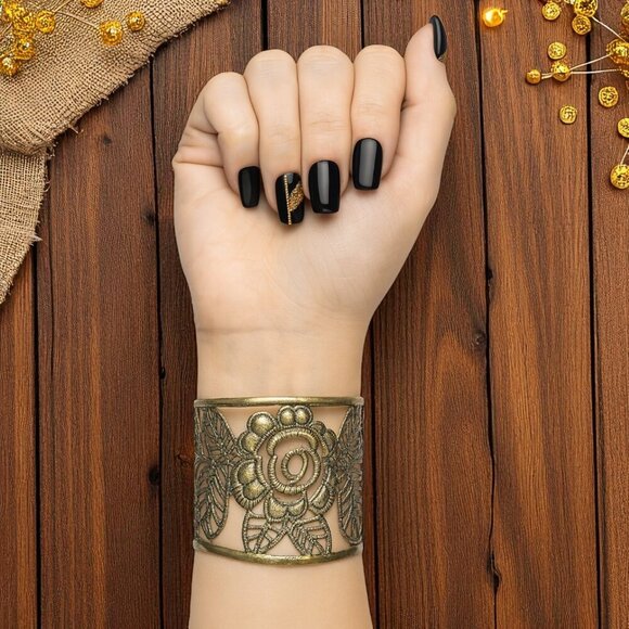 Vintage Style Trendy Boho Chic Floral Wide Cuff Bracelet Antique Gold Finish - Picture 1 of 12